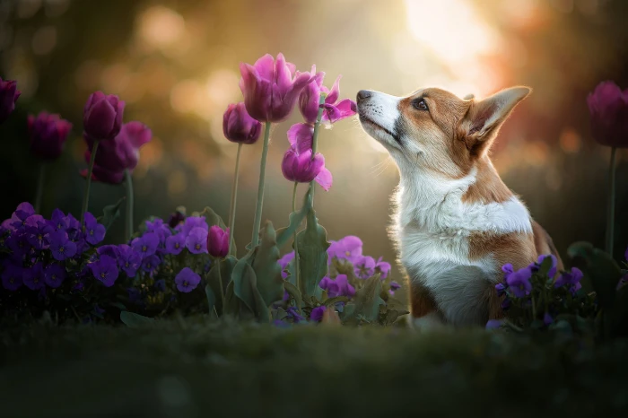 flowers dog tulips Pansy bokeh doggie Welsh Corgi 2k