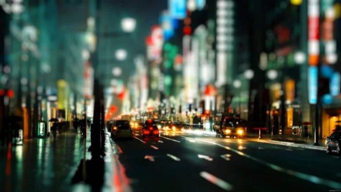 gray concrete road city street colorful bokeh night cityscape 2k