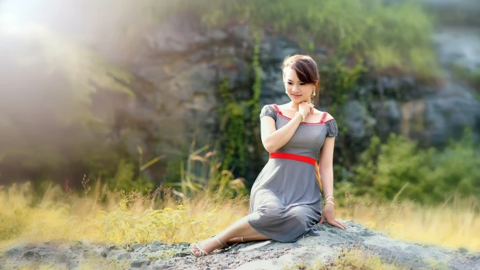 Gray dress girl Asian summer bokeh 2k