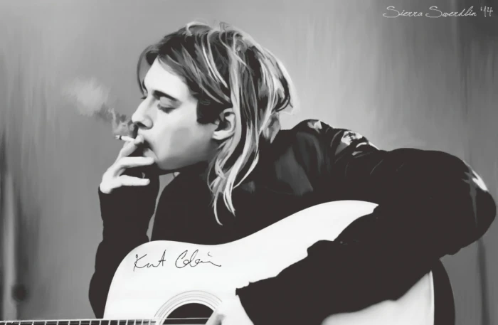 Kurt Cobain Nirvana guitar monochrome watermarked drawing 2k