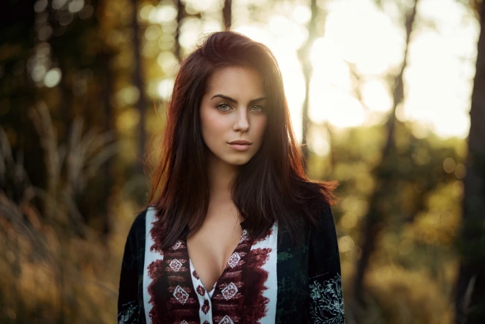 look trees nature background model portrait makeup dress 2k