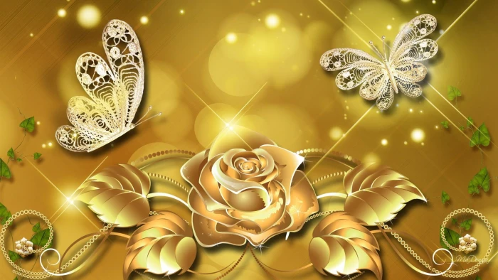 Luxurious Gold flower and butterfly with yellow background illustration 2k