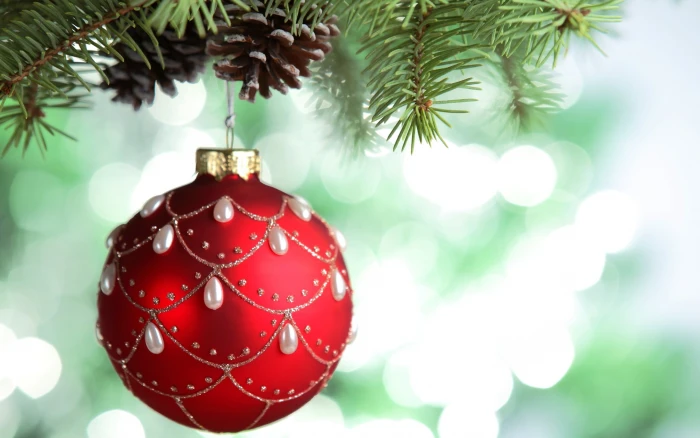 red bauble New Year snow Christmas ornaments cones bokeh 2k