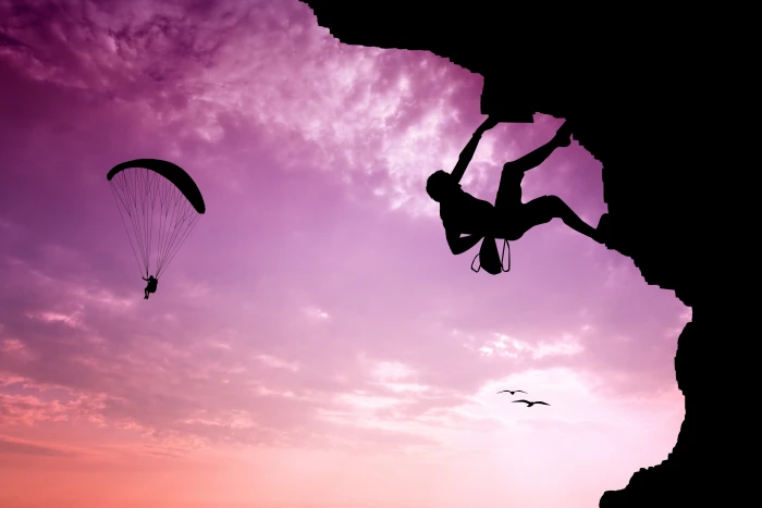 silhouette of person rock climbing the sky landscape sunrise 2k 4k 5k