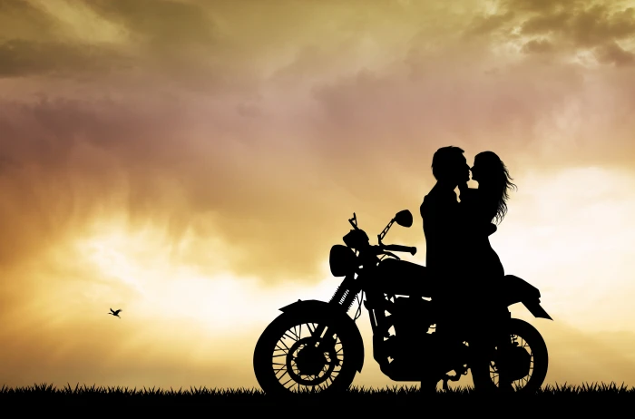 silhouette photo of man and woman with motorcycle summer mood 2k 4k 5k
