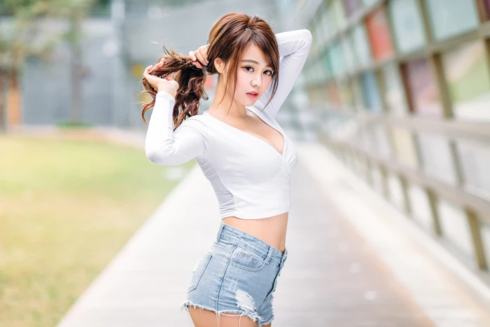 Sun Hui Tong women Asian brunette portrait holding hair 2k