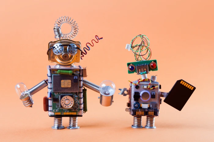 two robot illustrations chip fee robots light bulb figures 2k 4k