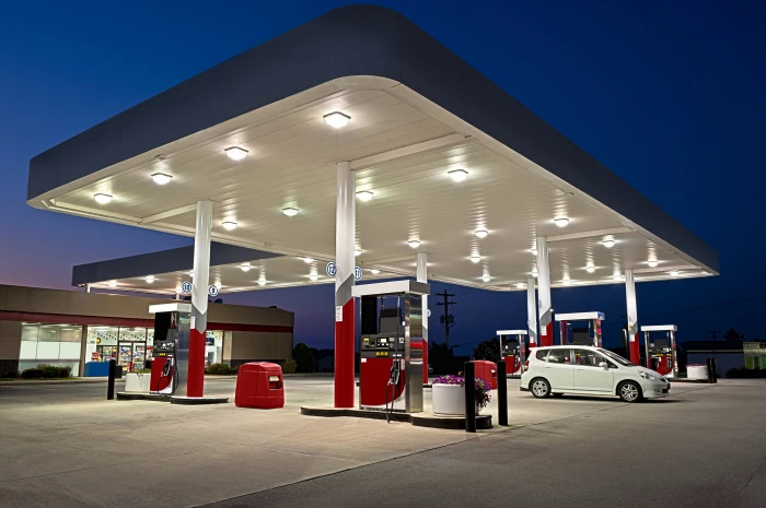 white and red gasoline station machine design style interior 2k 4k