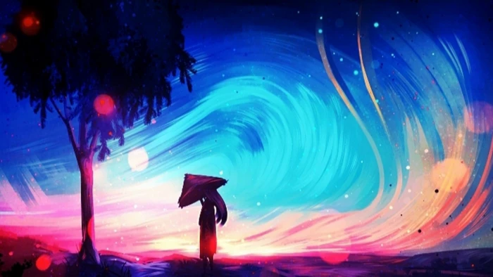 wind fantasy art painting woman umbrella bokeh asian 2k