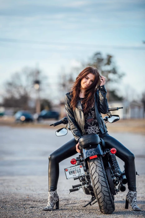 woman sitting on black motorcycle bike backwards caucasian 2k 4k