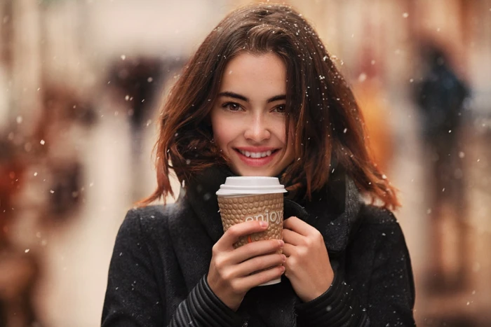 woman s black sweater wearing jacket in bokeh photography