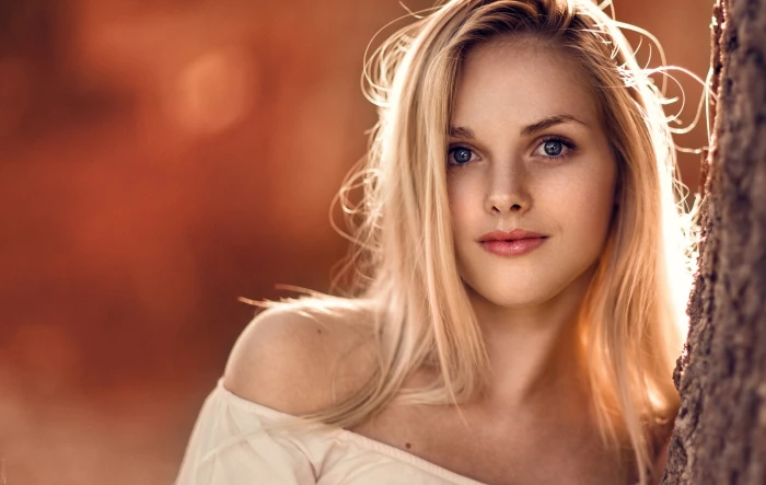 women blonde blue eyes face looking at viewer bokeh portrait 2k