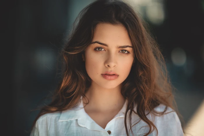 women brunette long hair brown eyes portrait face bokeh 2k