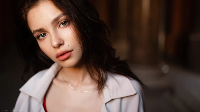 women brunette long hair model bokeh face closeup gray eyes 2k