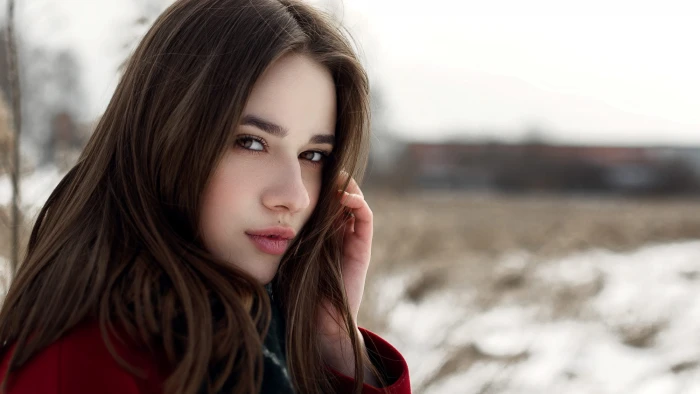 women brunette outdoors coats face portrait bokeh 2k