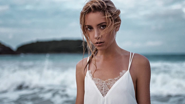 women brunette outdoors dress portrait face bokeh 2k