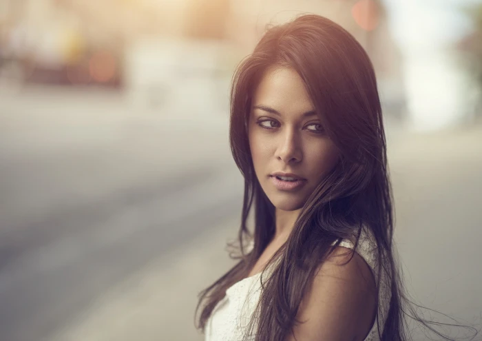 Women Long Hair Face Bokeh women s white crew neck sleeveless shirt 2k