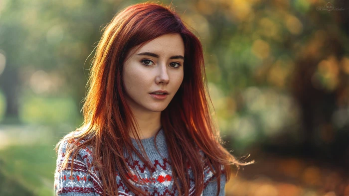 women portrait bokeh redhead outdoors sweater long hair 2k