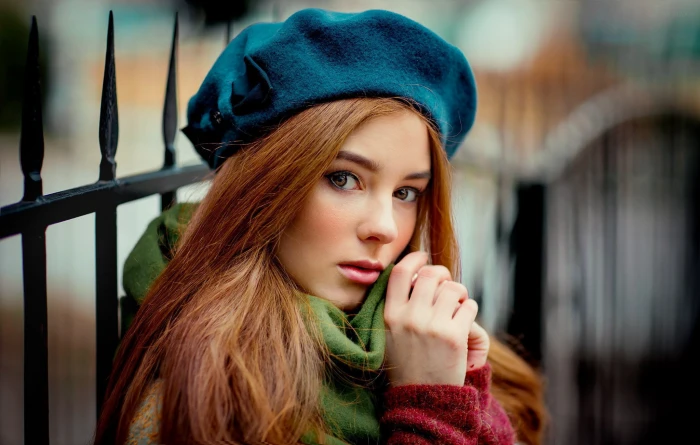 women redhead outdoors scarf face portrait bokeh 2k