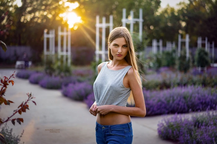 women s gray tank top pose model portrait jeans makeup garden 2k