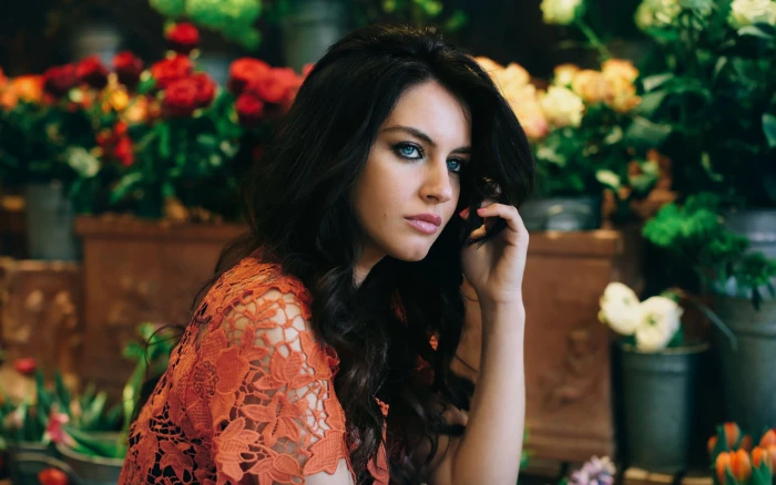 women s orange lace t shirt Aurela Skandaj brunette blue eyes 2k