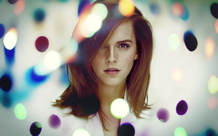 women s white button up top Emma Watson with bokeh lights actress 2k
