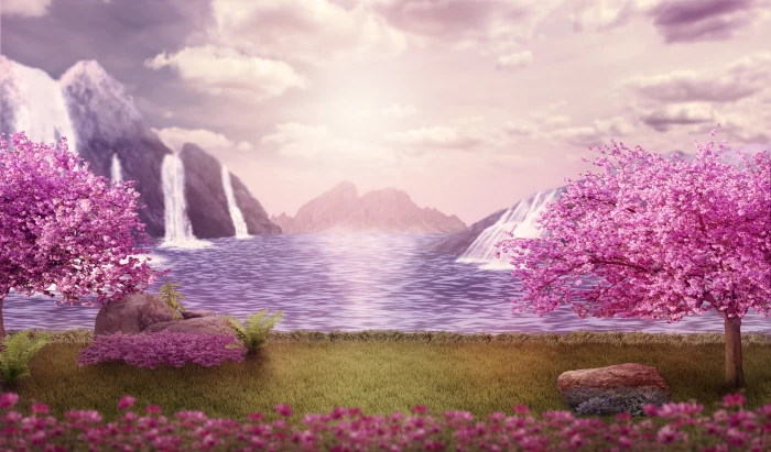 background fantasy landscape mountains waterfalls trees 2k 4k 5k