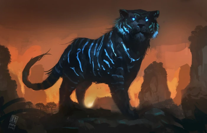 black and blue tiger illustration art Mystic Tiger 2k