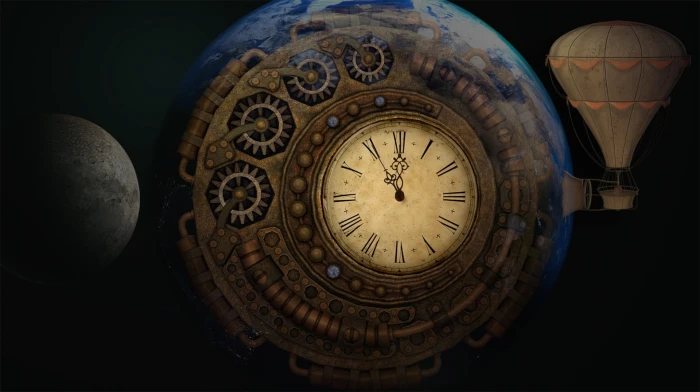 clock showing 11 55 escape earth balloon time moondial machine 2k