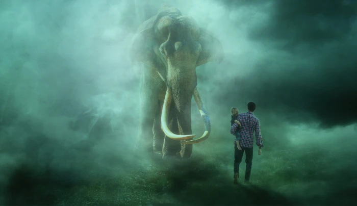 encounter elephant fog mystical fantasy composing photomontage 2k 4k 5k