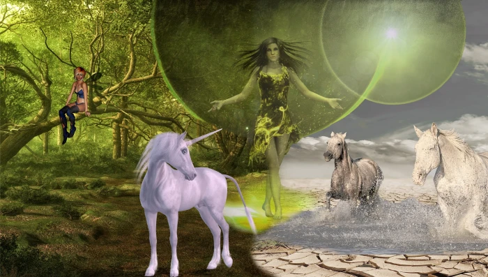 fairy standing between unicorn and two running horses digital wallpaper 2k