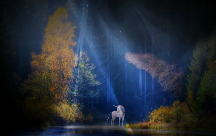 Fantasy Animals Unicorn Forest Mystical Sunbeam Tree 2k