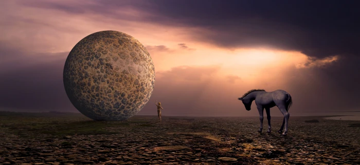 fantasy ball horse clouds landscape stone woman light 2k 4k 5k