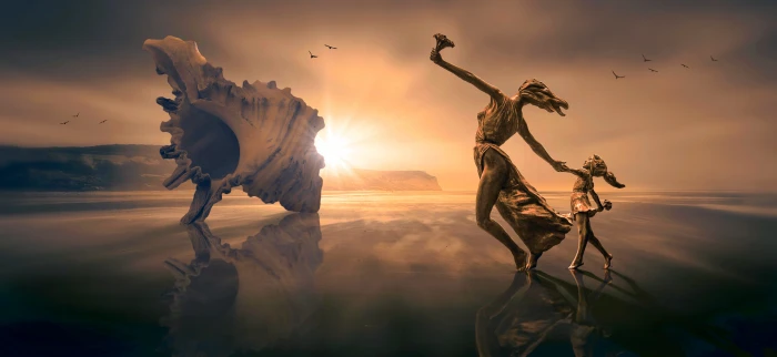 fantasy beach woman child shell sun run sky landscape 2k 4k 5k