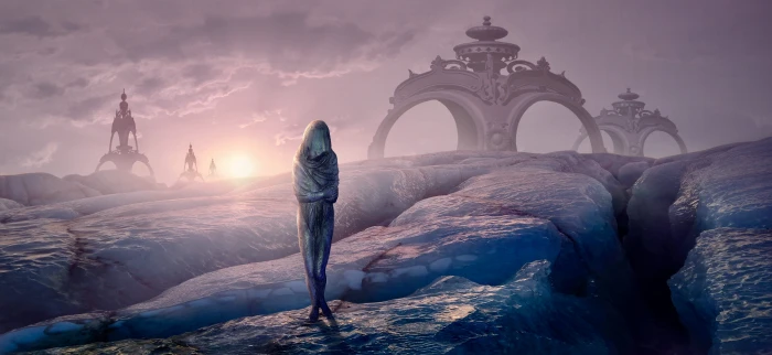 fantasy glacier ice cold figure building sun light mood 2k 4k 5k