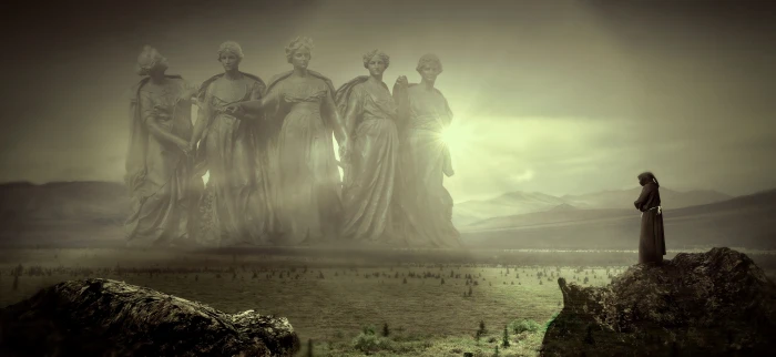 fantasy monk light sculpture figures rays landscape backlighting 2k 4k 5k