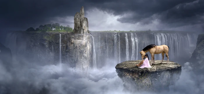 fantasy waterfall rock horse girl clouds ruin landscape 2k 4k 5k
