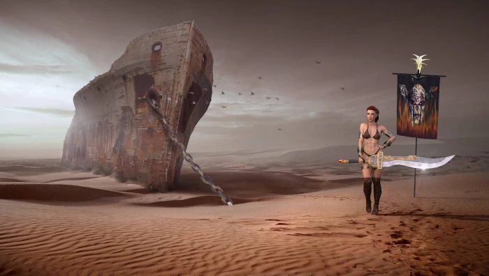 female computer game character standing beside shipwreck in desert 2k 4k 5k