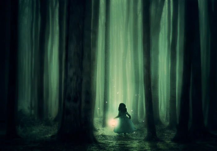 forest girl trees fog lantern lighting atmosphere mysterious 2k 4k 5k