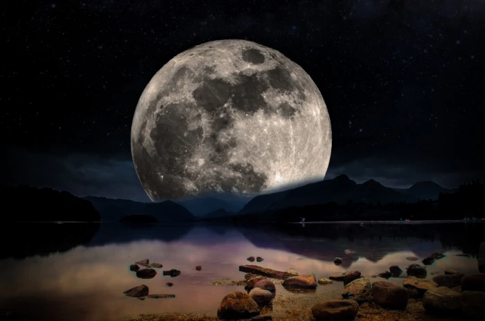 full moon during night time landscape sky stars lake water 2k