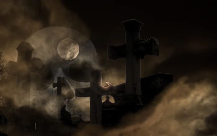 graveyard under full moon cemetery composing skull and crossbones 2k 4k 5k