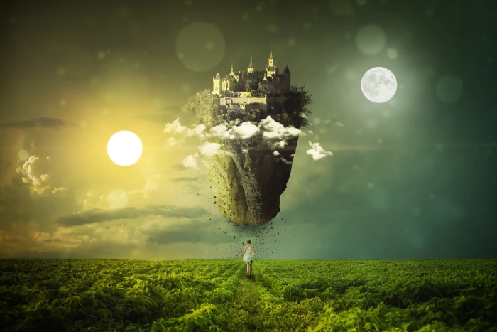 gray concrete castle digital wallpaper girl island equinox 2k 4k 5k
