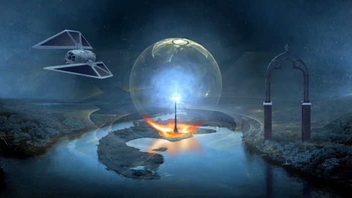 gray satellite with energy ball and arc graphic wallpaper 2k 4k 5k