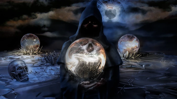 grim reaper holding glass ball graphic wallpaper fantasy horror 2k