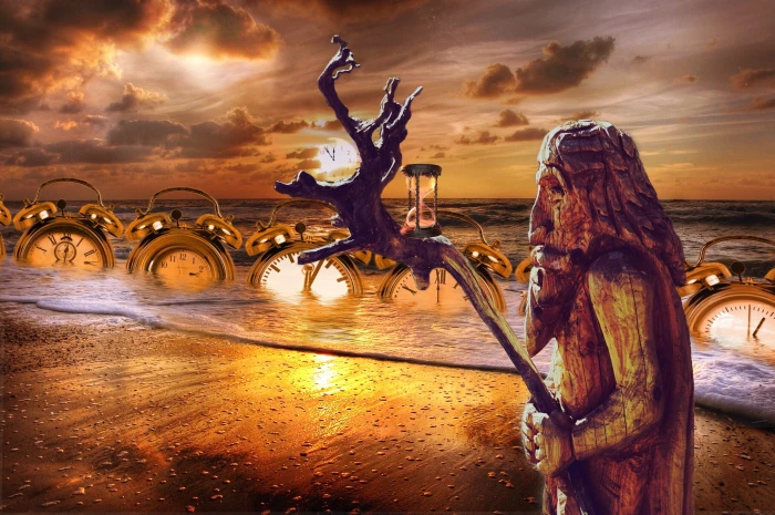 man holding stick and twin bell alarm clock in body of water painting 2k