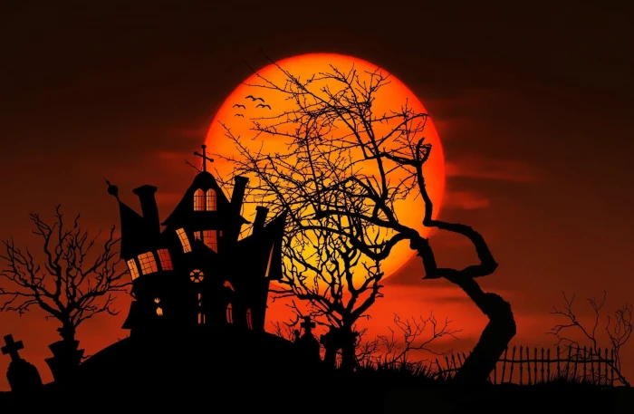Midnight Halloweeen silhouette of house Halloween decor Holidays 2k