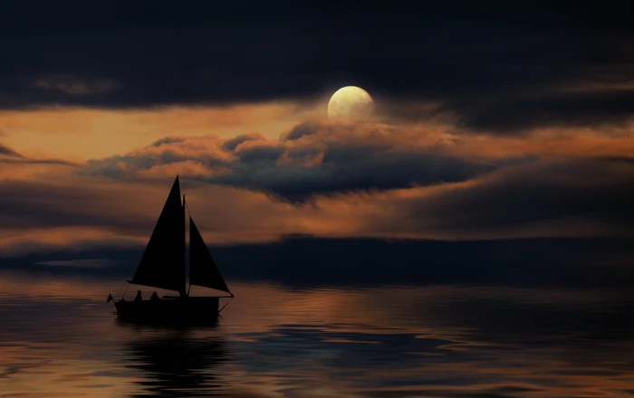 moon clouds night lake boat romance atmosphere mystical 2k 4k 5k