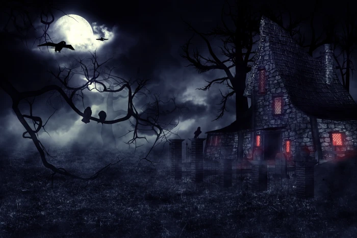 night fog Gothic mystic crows the full moon haunted house 2k 4k