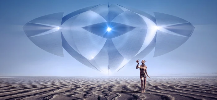 person standing on deserted land near spacecraft fantasy scifi 2k 4k 5k