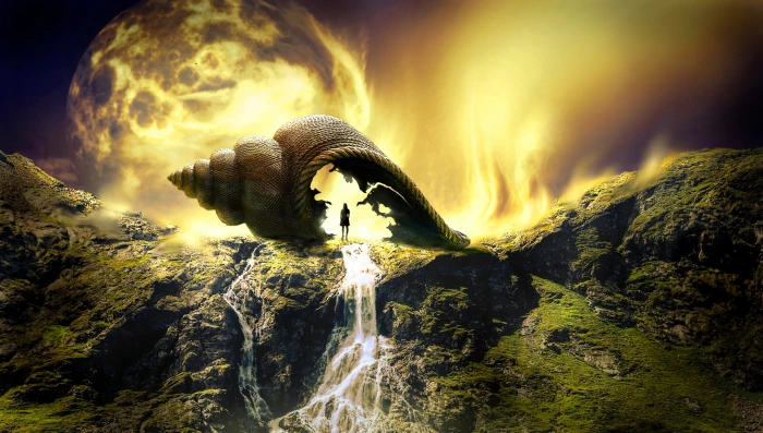 person standing under brown shell digital wallpaper fantasy 2k